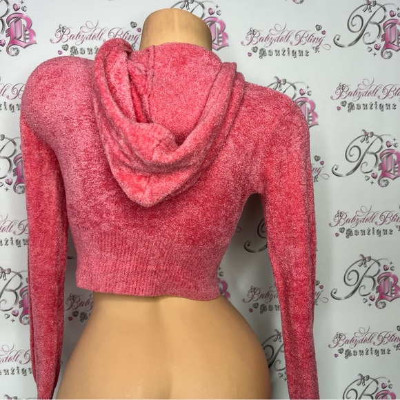 Bebe furry sweater fuzzy cropped pink coral bling rhinestone logo zip up y2k - Picture 11 of 16